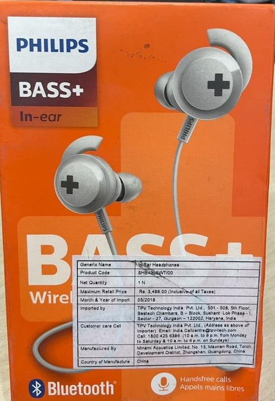 Open Box, Unused Philips Audio SHB4305 BASS+ Bluetooth Wireless In Ear Earphones with Mic
