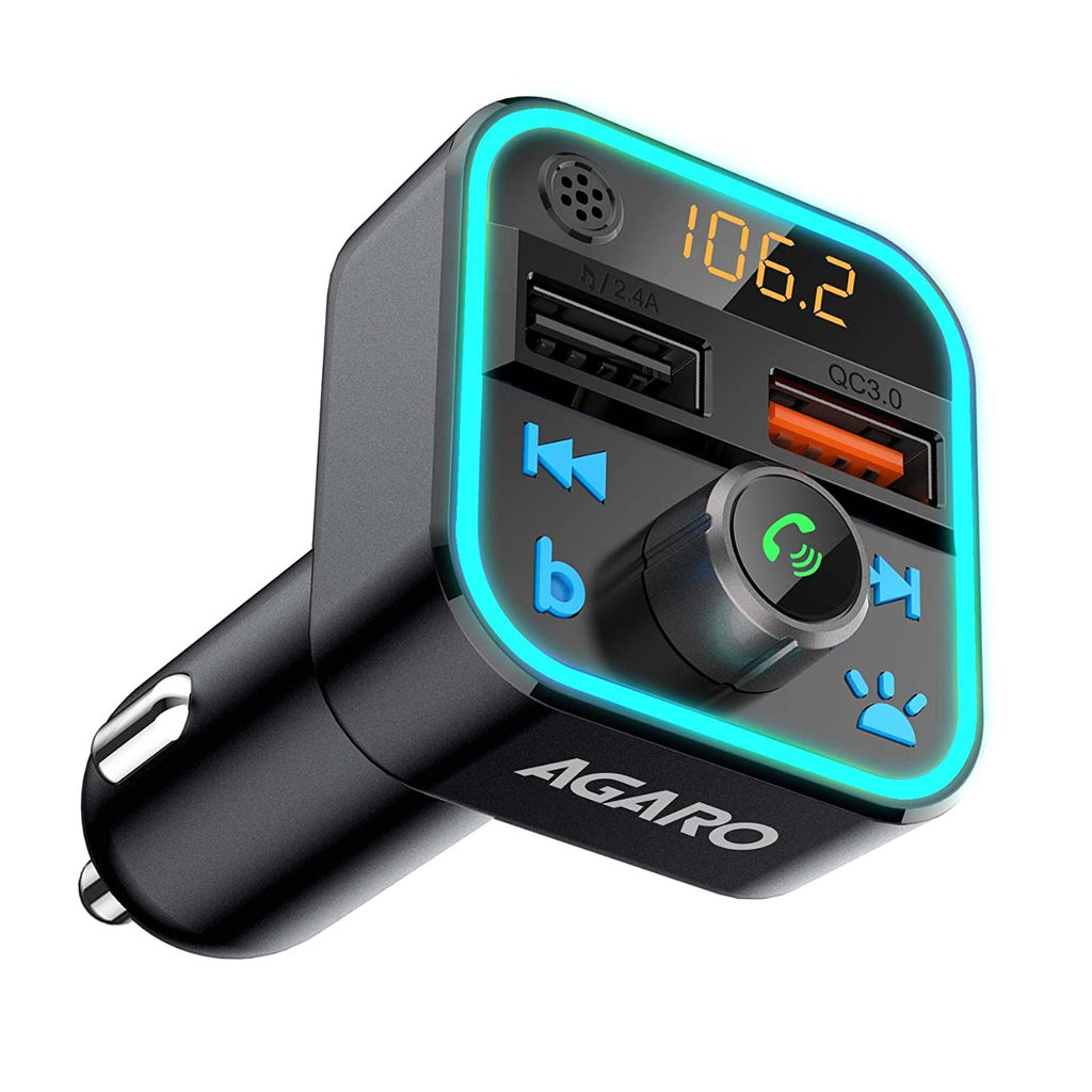 Open Box Unused AGARO Bluetooth car kit, QC 3.0 + 2.4A, Bluetooth 5.0, FM Transmitter in-Car Radio