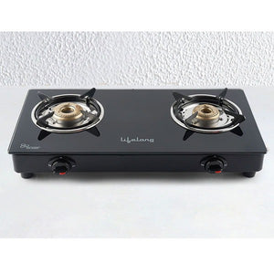 Open Box, Unused Lifelong LLGS84,  2 burner glass top gas stove, forged brass burners