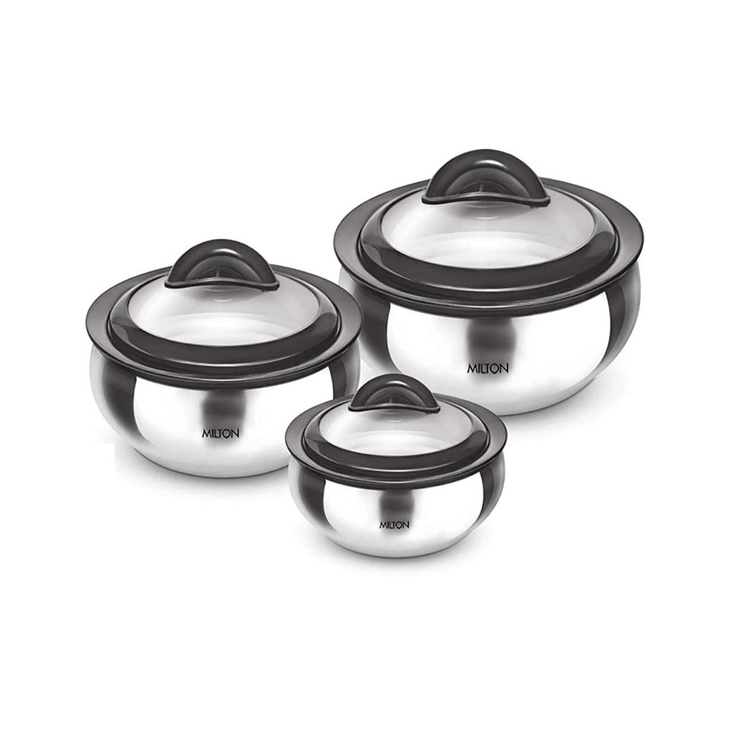Milton Clarion Jr Stainless Steel Gift Set Casserole with Glass Lid, Set of 3, (610, 1.33 Litres, 1.78 Litres), Steel Plain