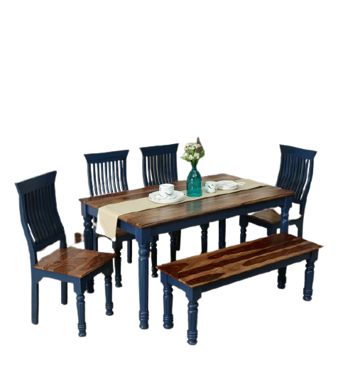 Detec™ Solid Wood 6 Seater Dining Set In Blue & Natural Finish