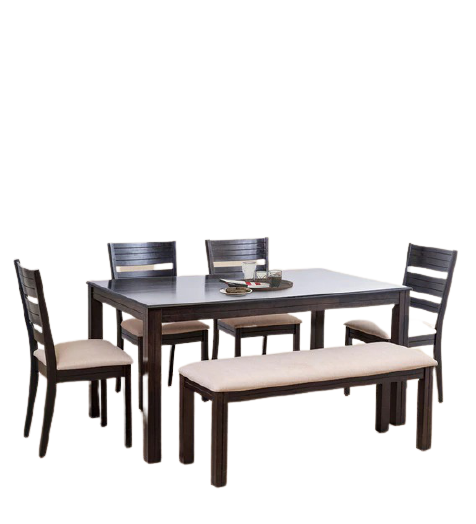 Detec™ भूरे रंग में कुर्सी और बेंच के साथ 6 सीटर डाइनिंग टेबल सेट