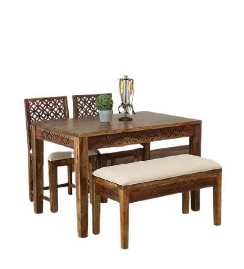 Detec™ Solid Wood 4 Seater Dining Set With Bench in Provinicial Teak Finish- Mudramark