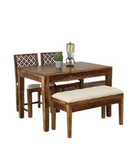 Detec™ Solid Wood 4 Seater Dining Set With Bench in Provinicial Teak Finish- Mudramark