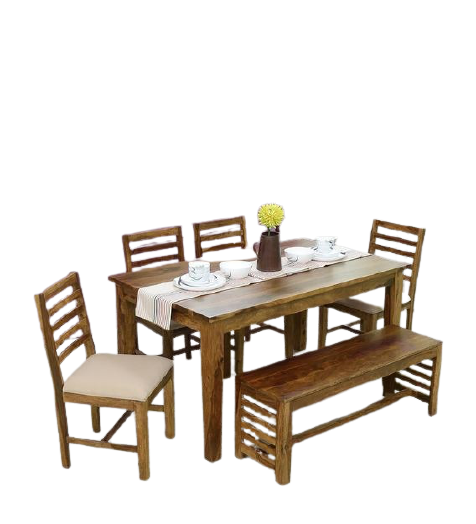 Detec™ Solid Wood 6 Seater Dining Set with Bench in Rustic Teak Finish