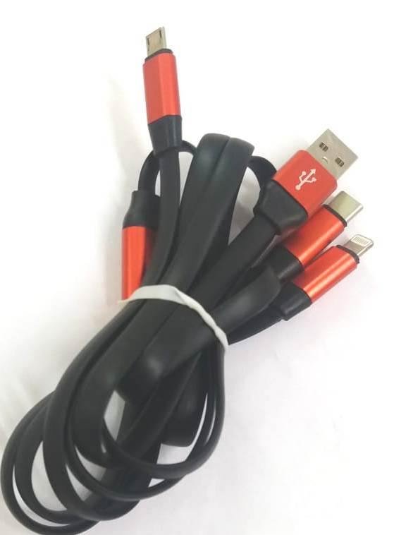 3 - in - 1 USB Type Data & Charging Cable - CB114_3 in 1_Black  - Type C & Micro USB & Lightning Port - White Colour - 1 Meter - 2 A - Detech Devices Private Limited