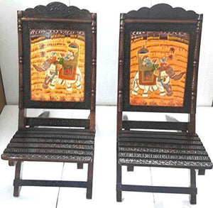 Ethnic rajasthani wooden foldable chair with scenery design- Set of 2' Cocunut Brown - Detech Devices Private Limited