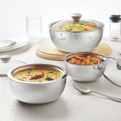 Detec™ Borosil SS Insulated Curry Server, Set of 3 (500ml + 900ml + 1.5L)