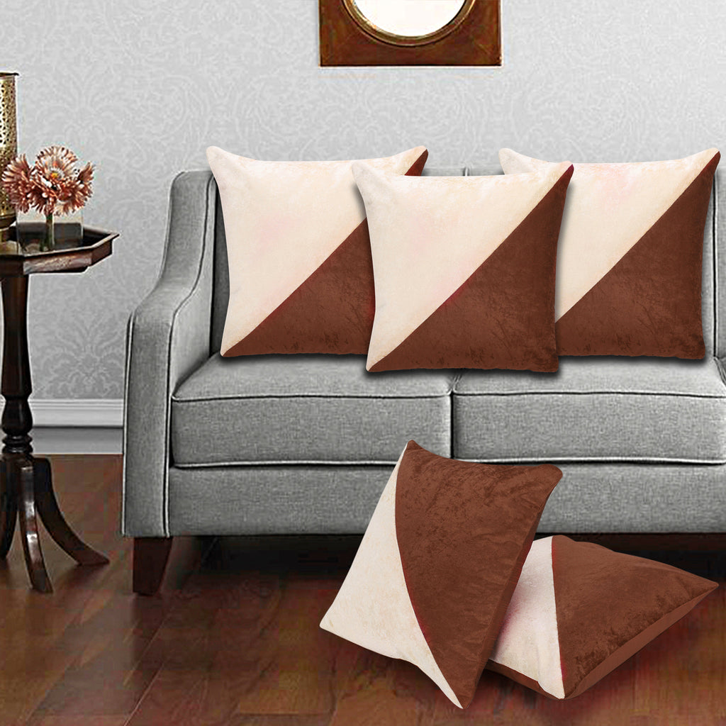 Desi Kapda Geometric Cushions Cover (Pack of 5, 40 cm*40 cm, White, Brown)