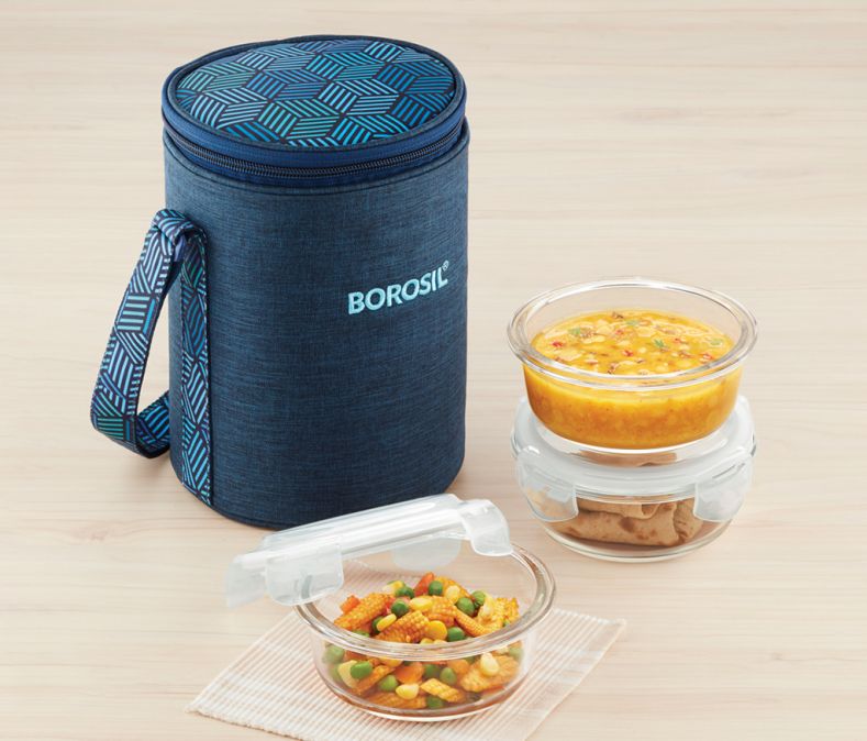 Detec™ Borosil 3 Round Microwavable Glass Lunch Box (Foodluck Blue)