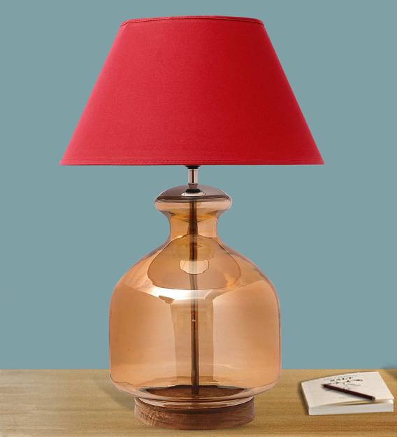 Detec Maroon Cotton Shade Table Lamp with Amber Luster Glass Base