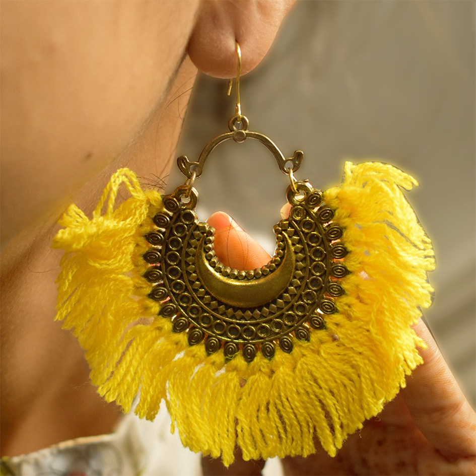 Detec Homzë Ethnic Tassel Metal Earrings- yellow and pink colour