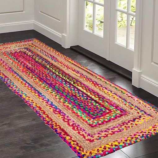 Detec™ Braided Rug in Ecofriendly Recycled Cotton Chindi and Jute – Colorful Contemporary Design 