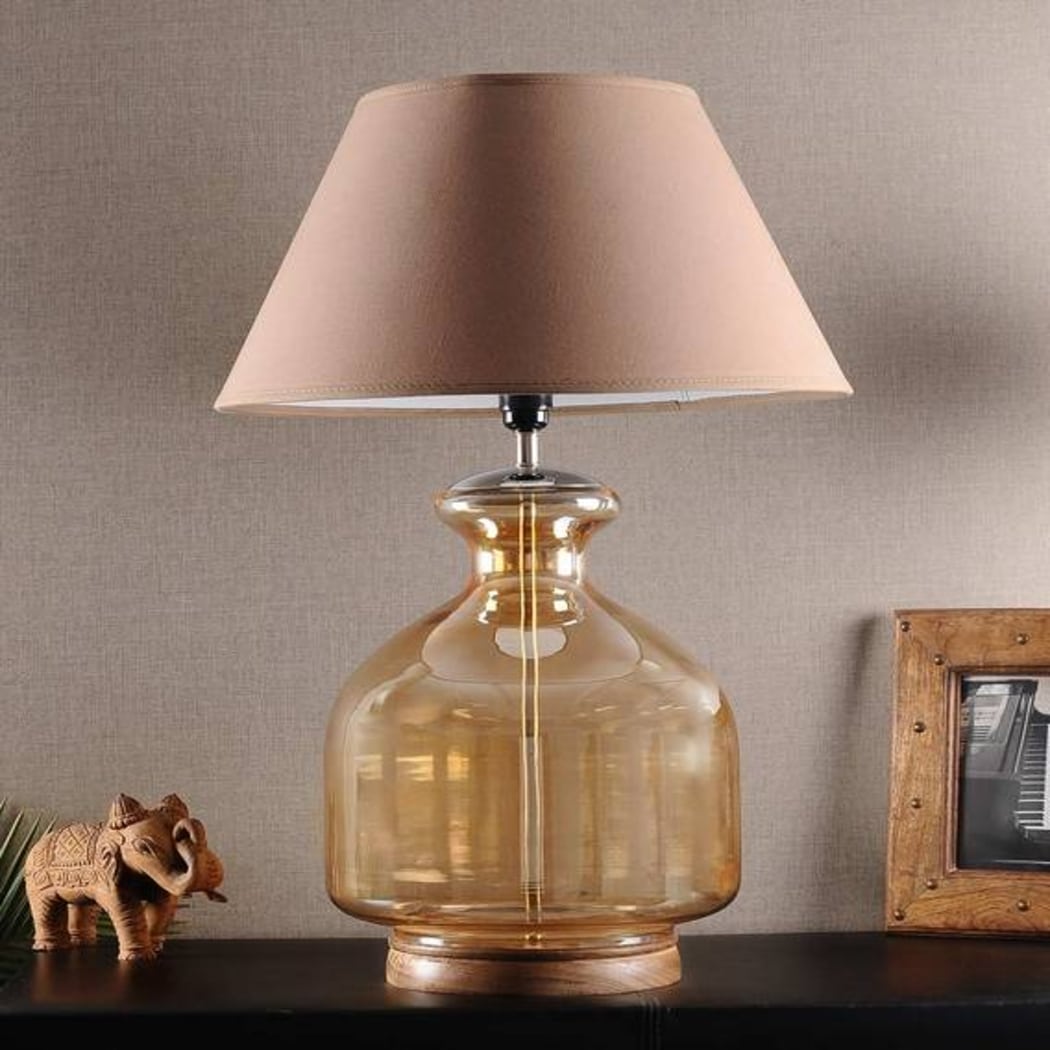 Detec Beige Cotton Shade Table Lamp with Amber Luster Glass Base