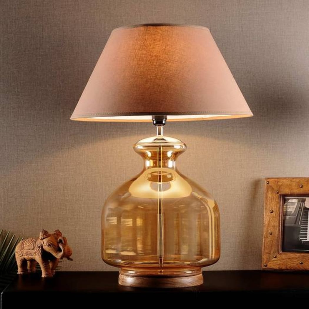 Detec Beige Cotton Shade Table Lamp with Amber Luster Glass Base